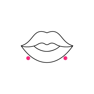 Schwarz-weißes Lippen-Icon mit zwei pinken Punkten an den Mundwinkeln auf weißem Hintergrund