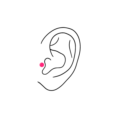 Minimalistische Zeichnung eines Ohrs mit pinkem Punkt am Tragus auf weißem Hintergrund