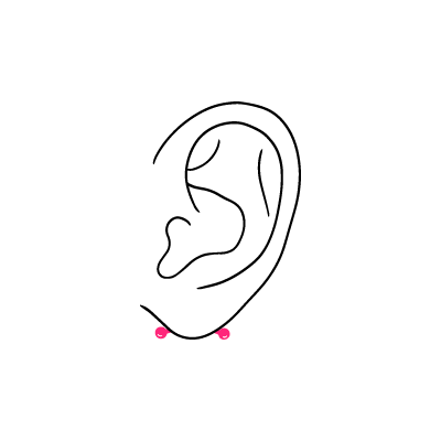Illustration eines Ohres mit zwei rosa transversalen Ohrläppchen-Piercings auf weißem Hintergrund