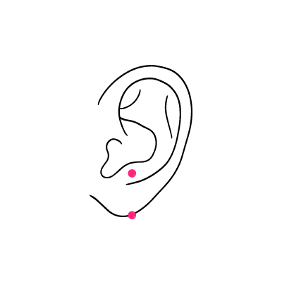 Zeichnung eines Ohrs mit zwei markierten Punkten für Piercings auf weißem Hintergrund