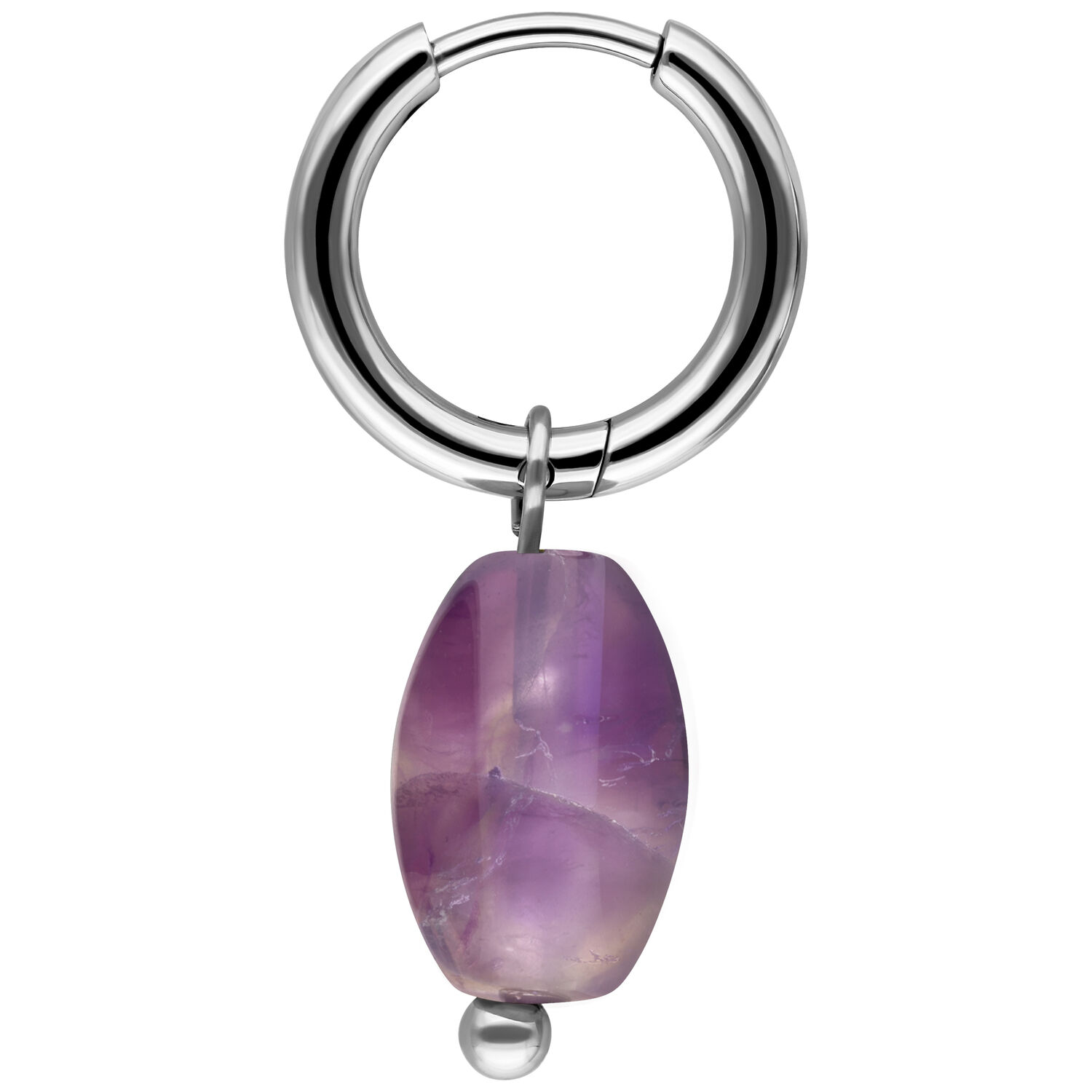 Silberne Kreolen mit Amethystanhänger Silberne Kreole mit einem lila Amethystanhänger auf weißem Hintergrund