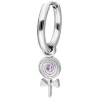 Silberner Ring mit Venus-Symbol-Anhänger und lila Kristall auf weißem Hintergrund