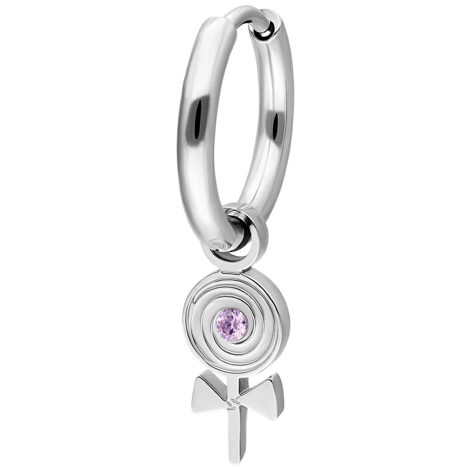 Silberner Ring mit Venus-Symbol-Anhänger und lila Kristall auf weißem Hintergrund