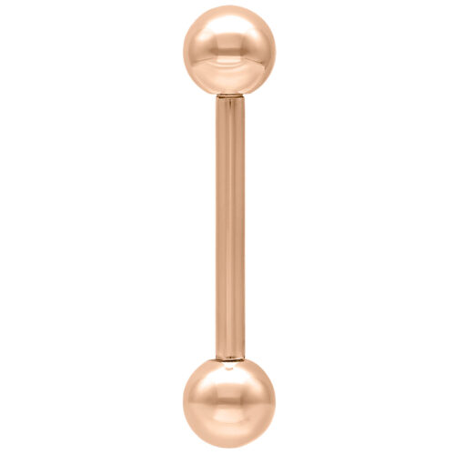 Roségoldfarbener Barbell mit zwei Kugeln, vertikal auf weißem Hintergrund