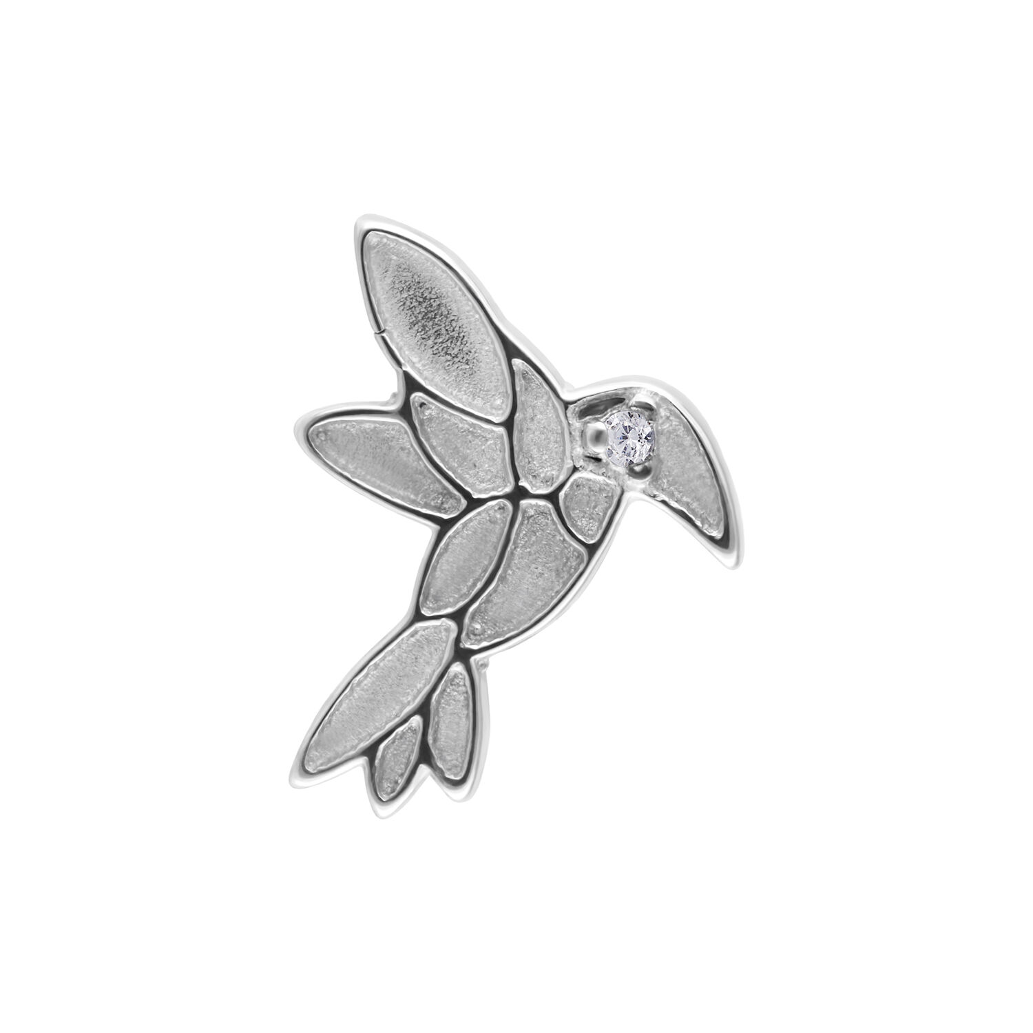 Silberner Vogel-Anhänger in Form eines stilisierten Vogels mit kleinem Stein auf weißem Hintergrund