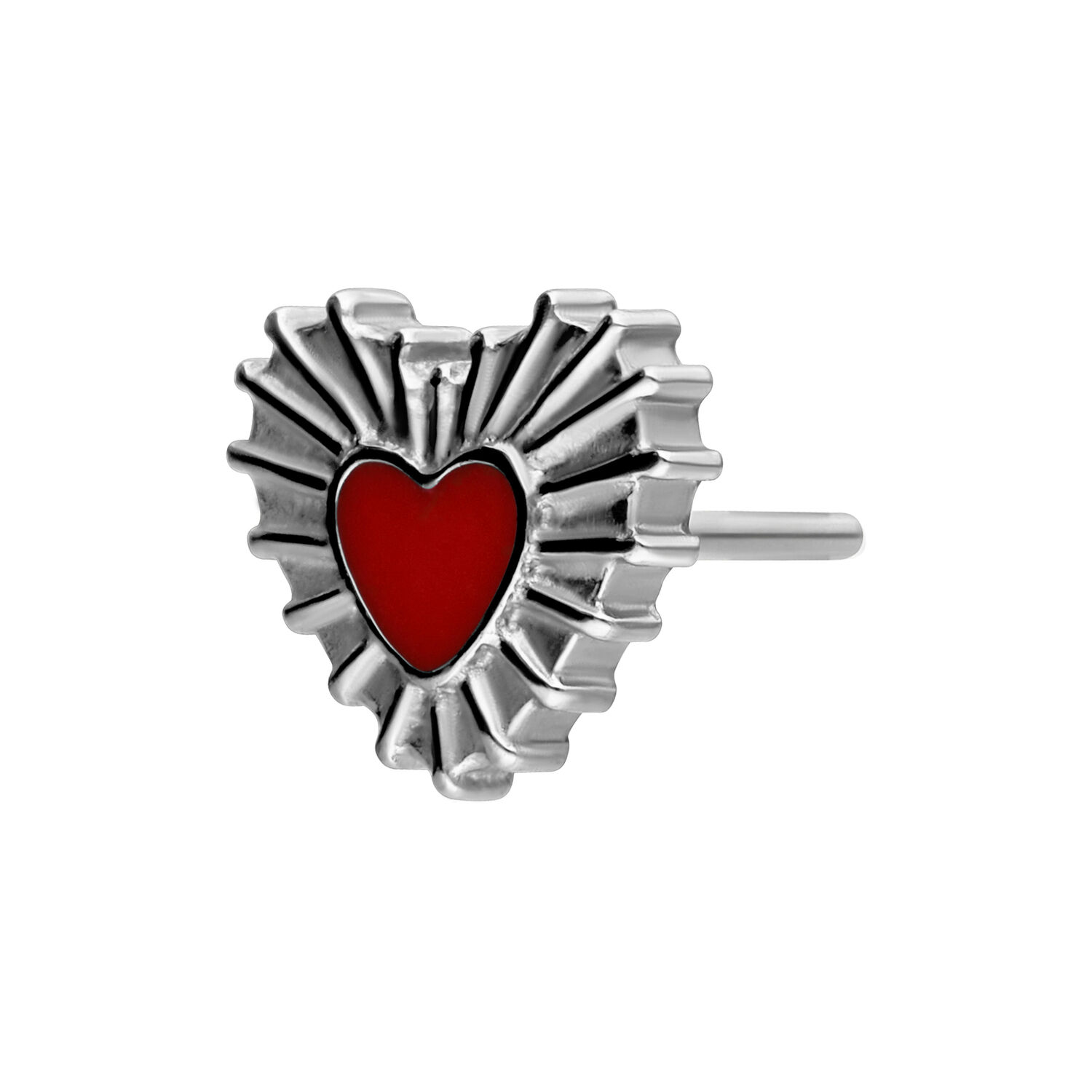 Silberner Sacred Heart Aufsatz mit rotem Herz Silberner Titanaufsatz in Herzform mit rotem Herzen auf weißem Hintergrund