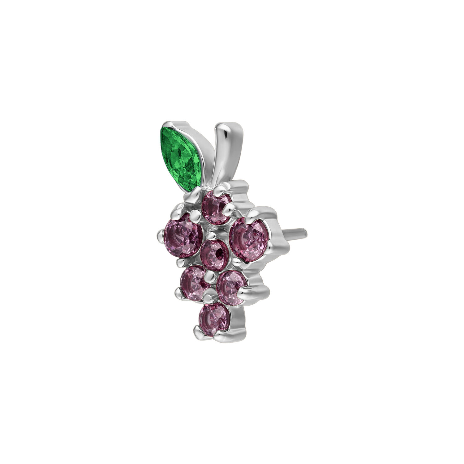 Silberner Trauben Piercing Aufsatz Silberner Aufsatz in Form von Trauben mit grünen und rosa Steinen auf weißem Hintergrund