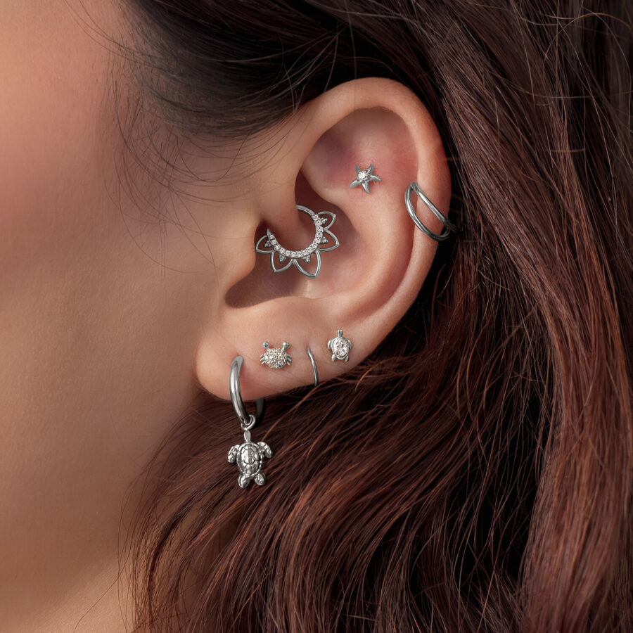 Nahaufnahme eines Ohrs mit mehreren silbernen Piercing-Aufsätzen, darunter ein Turtle-Motiv, auf braunem Haar.