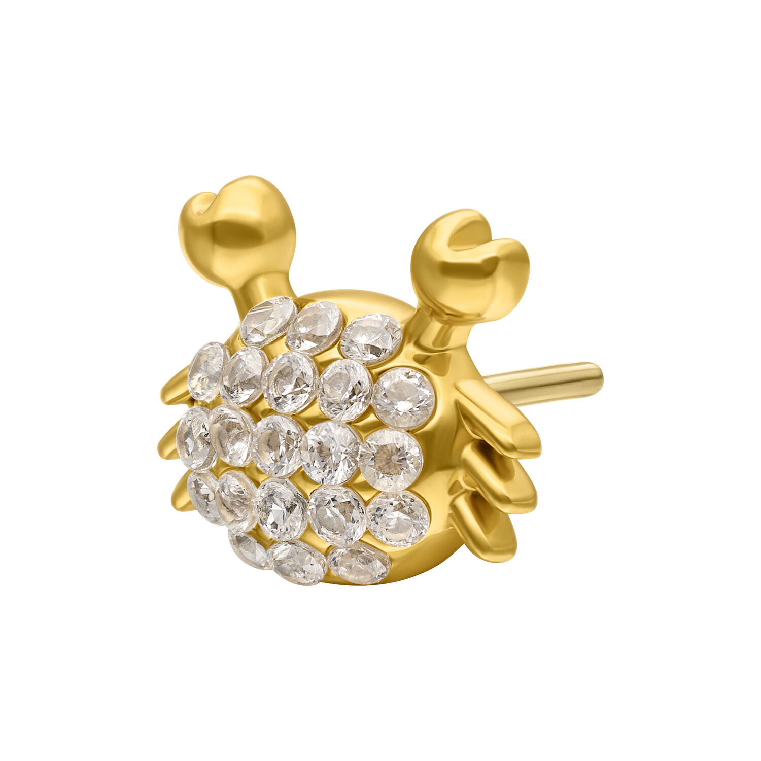 Goldener Krabbenaufsatz mit Zirkonia Goldener Krabbenaufsatz mit funkelnden Zirkonia-Steinen auf weißem Hintergrund