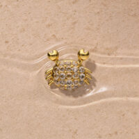 Goldener Push Fit Krabbenaufsatz Goldener Krabbenaufsatz mit Strasssteinen auf sandigem Hintergrund