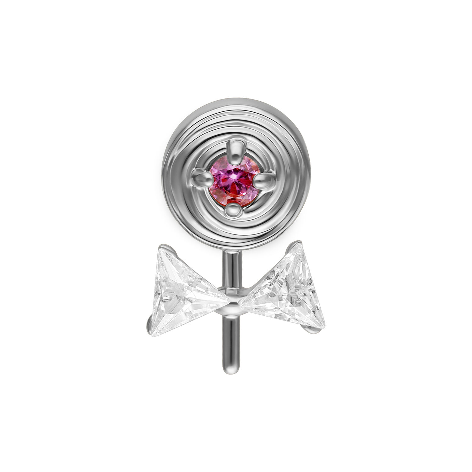 Silberner Lollipop-Piercingaufsatz Silberner Piercingaufsatz mit rosa Stein und Zirkonia-Schleife auf Weiß