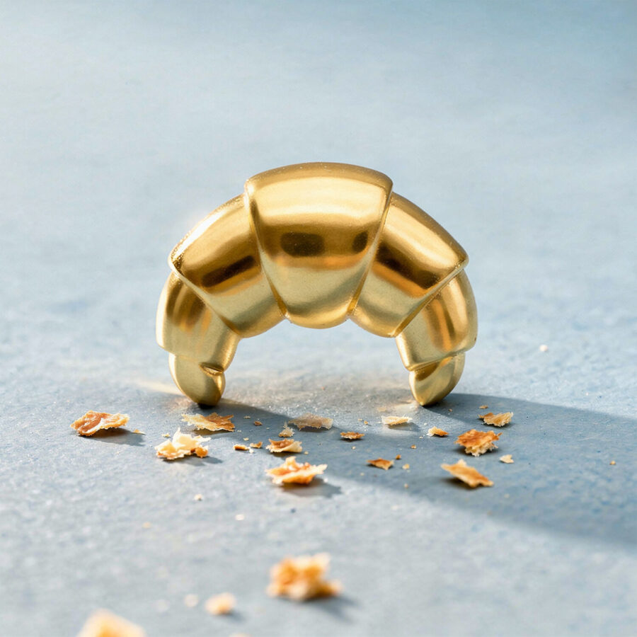 Goldener Croissant-förmiger Aufsatz aus Titan auf hellblauem Hintergrund mit Krümeln