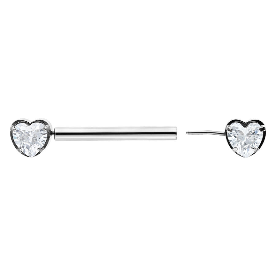 Silbernes Herz Barbell 12 mm Silbernes Herz Barbell mit 12 mm Länge, ein Herzstecker und eine Herzstange auf weißem Hintergrund