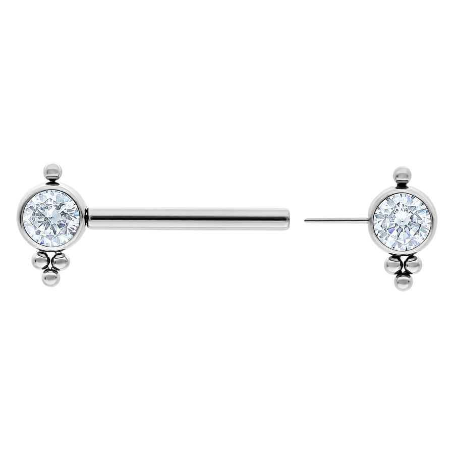 Silberner Titan Barbell mit Kristallen Silberner Barbell aus Titan mit zwei klaren Kristallen auf weißem Hintergrund.