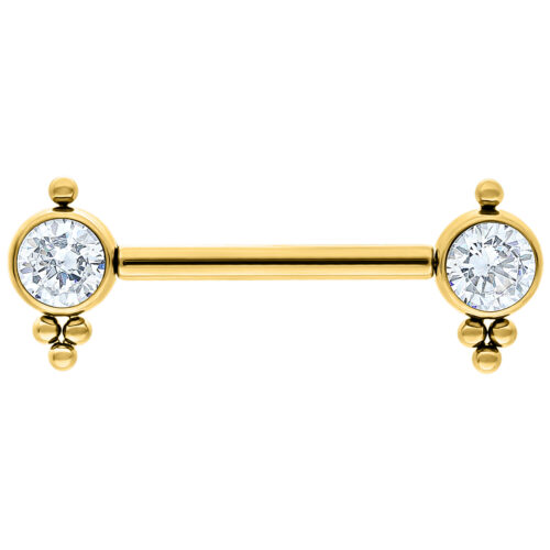 Goldfarbenes Barbell mit zwei klaren Kristallen an den Enden auf weißem Hintergrund