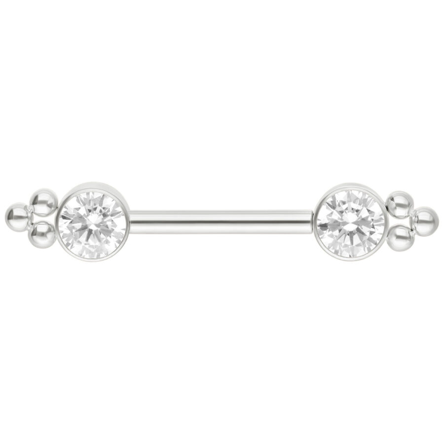 Weißgoldenes Barbell mit zwei runden Zirkonia Steinen an den Enden, auf weißem Hintergrund