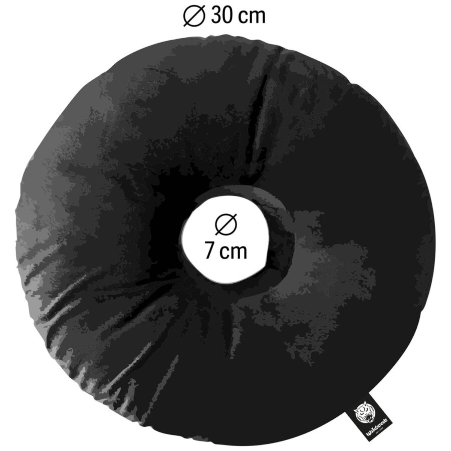 Rundes schwarzes Piercingkissen aus Polyester mit 30 cm Durchmesser, Wildcat-Logo-Etikett sichtbar