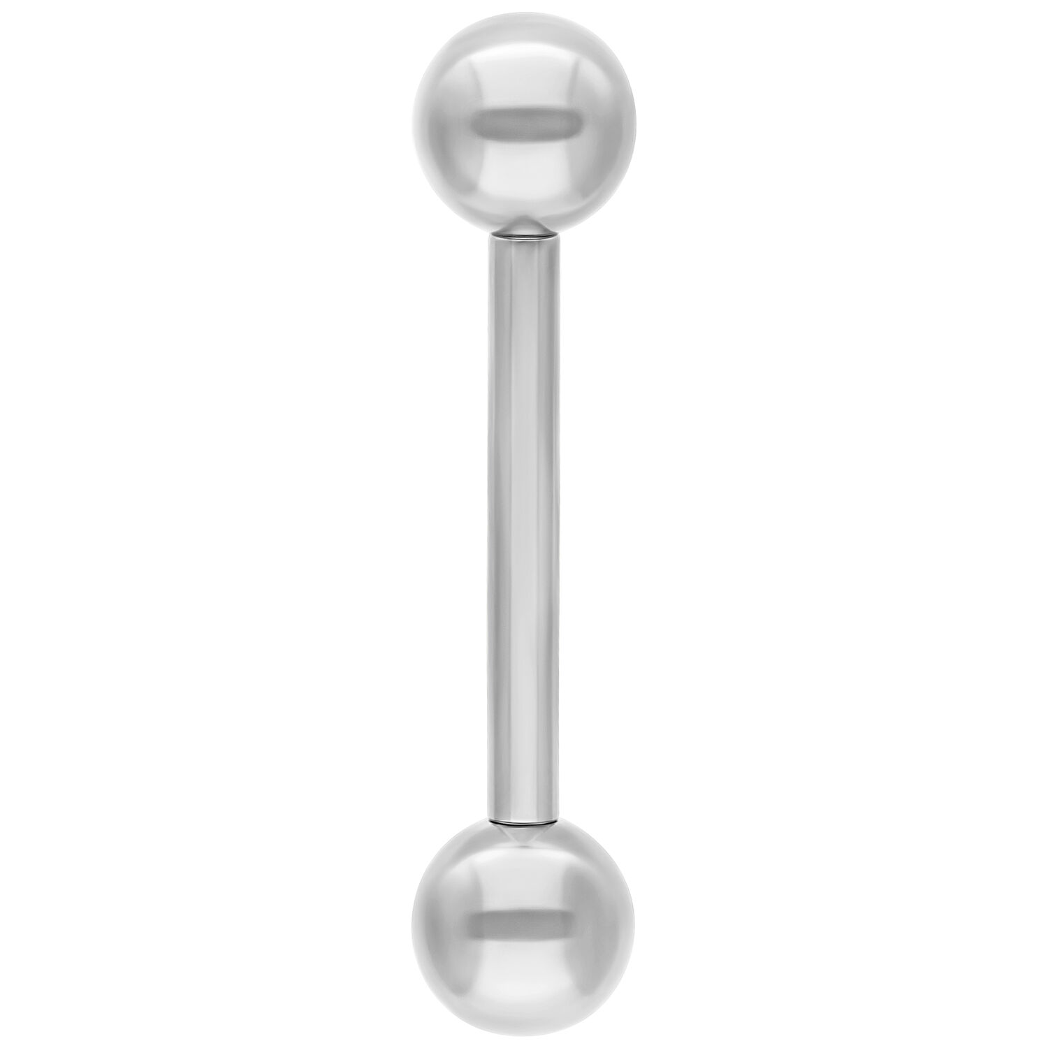 Silbernes Titan-Piercing mit Innengewinde Silbernes Piercing mit zwei Kugeln, vertikal angeordnet, auf weißem Hintergrund