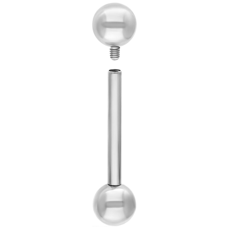 Silbernes Titan Barbell mit zwei Kugeln, eine abgeschraubt, auf weißem Hintergrund