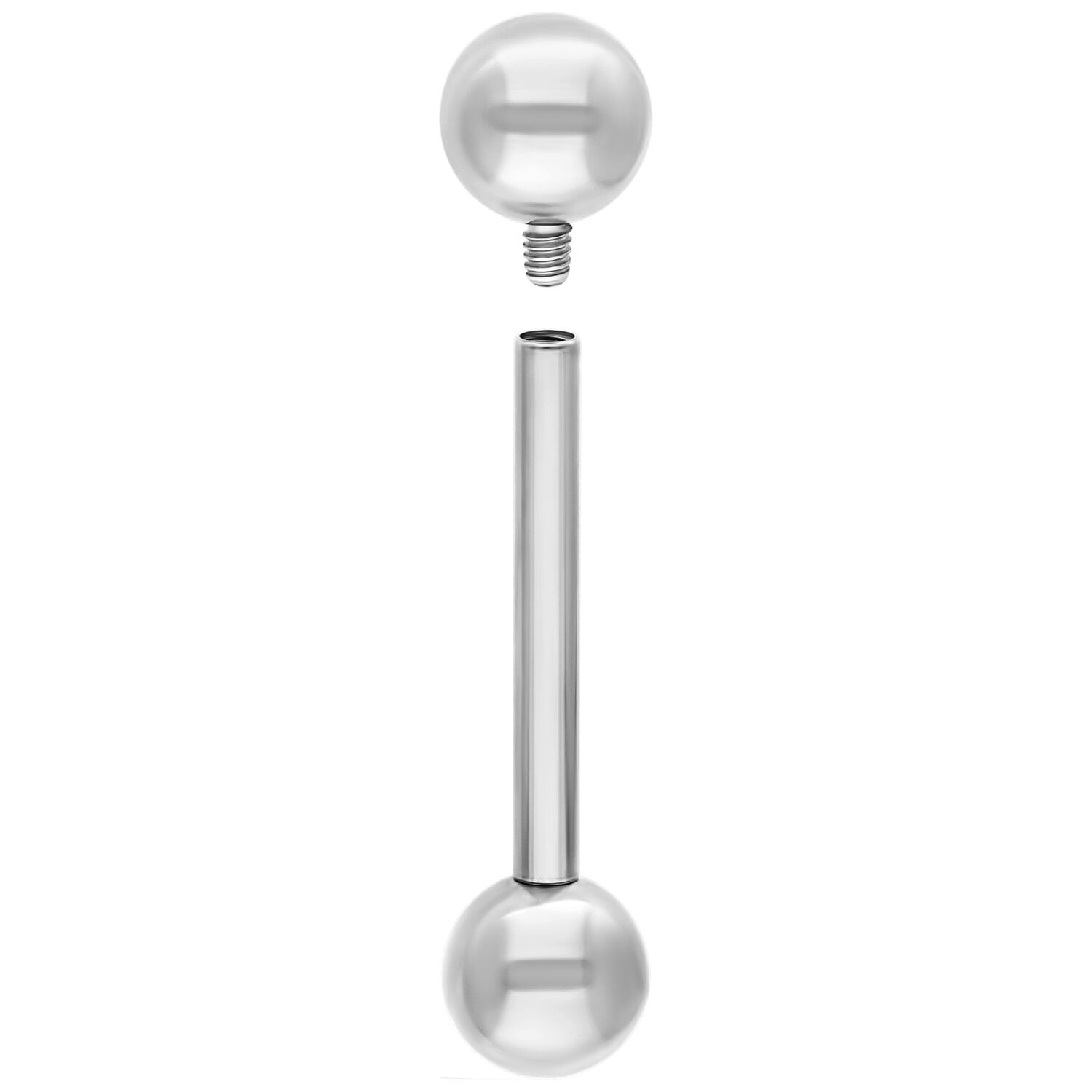 Silbernes Titan Barbell 2,4 mm x 30 mm Silbernes Titan Barbell mit zwei Kugeln, eine abgeschraubt, auf weißem Hintergrund