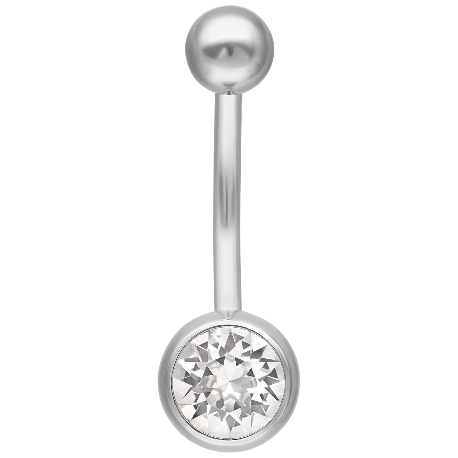Silbernes Bauchnabelpiercing mit klarem Kristall auf weißem Hintergrund