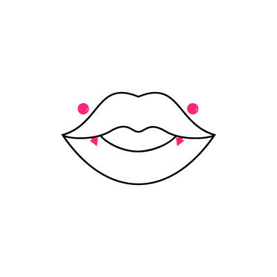 Schwarz-weiße Zeichnung von Lippen mit zwei Angelfangs Piercings und pinken Akzenten auf weißem Hintergrund