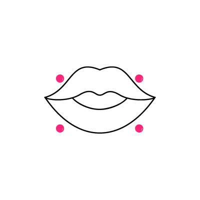 Schwarz-weiße Lippenzeichnung mit rosa Punkten auf weißem Hintergrund