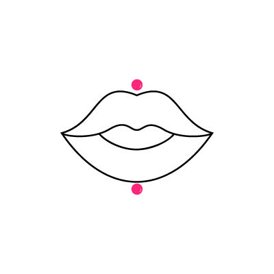 Minimalistische Darstellung eines Lippenpiercings mit zwei pinken Punkten auf weißem Hintergrund