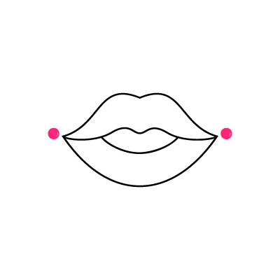 Schwarz-weiße Zeichnung von stilisierten Lippen mit zwei pinken Punkten seitlich