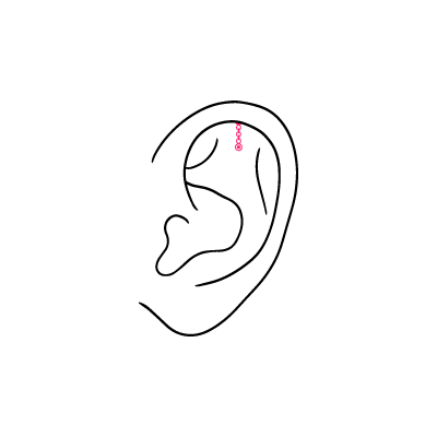 Linienzeichnung eines Ohrs mit einem versteckten Helix-Piercing, weißer Hintergrund