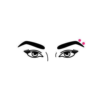 Schwarz-weiße Zeichnung von Augen mit dicken Augenbrauen und horizontalem Piercing über der rechten Braue, auf weißem Hintergrund