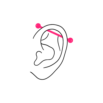 Schwarz-weiß Zeichnung eines Ohrs mit pinkem Industrial-Piercing