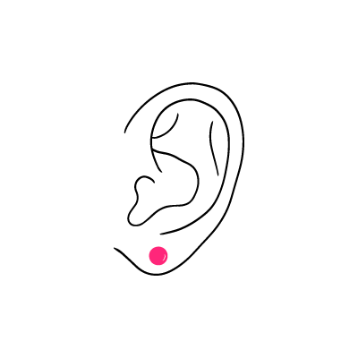 Illustration eines Ohres mit rosa Punkt am Ohrläppchen auf weißem Hintergrund