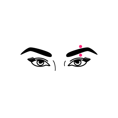 Schwarz-weiße Zeichnung von Augen mit zwei pinken Punkten über der rechten Augenbraue auf weißem Hintergrund