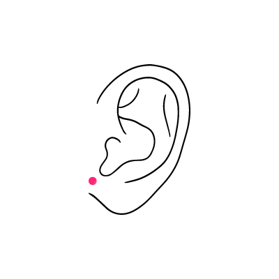 Schlichte Zeichnung eines Ohrs mit rosa Punkt unten links auf weißem Hintergrund