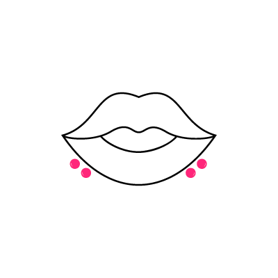 Schwarze Lippenumrisse mit vier pinken Punkten, zwei auf jeder Seite, auf weißem Hintergrund
