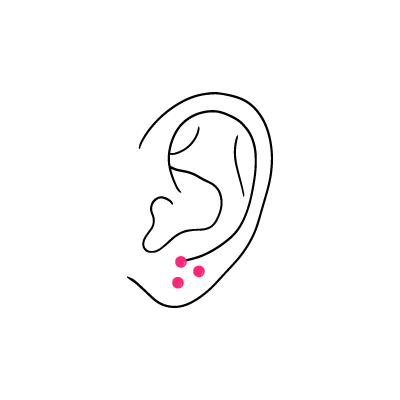 Zeichnung eines Ohrs mit drei Lobe-Piercings auf weißem Hintergrund