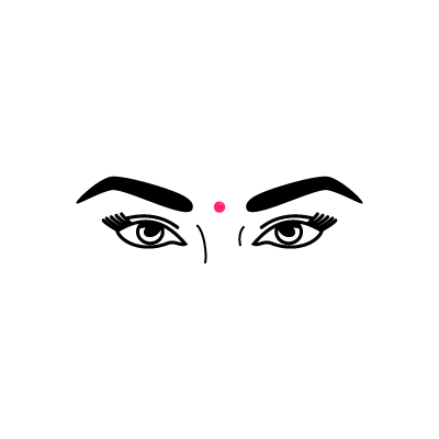 Stilisierte Augen mit schwarzem Lidstrich und rosa Punkt auf weißem Hintergrund