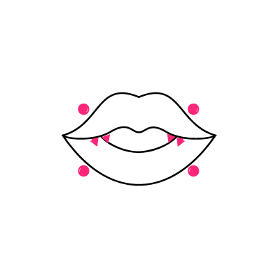 Illustration von Lippen mit vertikalen Piercings, rosafarbenen Dreiecken und Punkten auf weißem Hintergrund