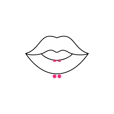 Schwarz-weißes Diagramm von Lippen mit zwei pinken Piercings darunter
