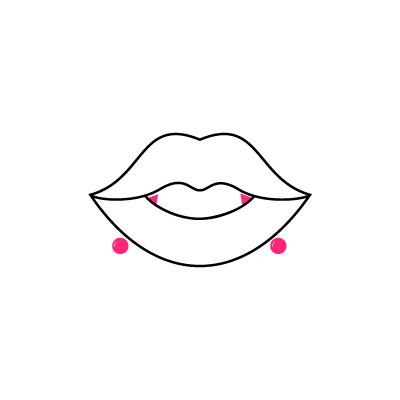 Schwarz-weiße Lippenlinie mit rosa Punkten und Dreiecken auf weißem Hintergrund
