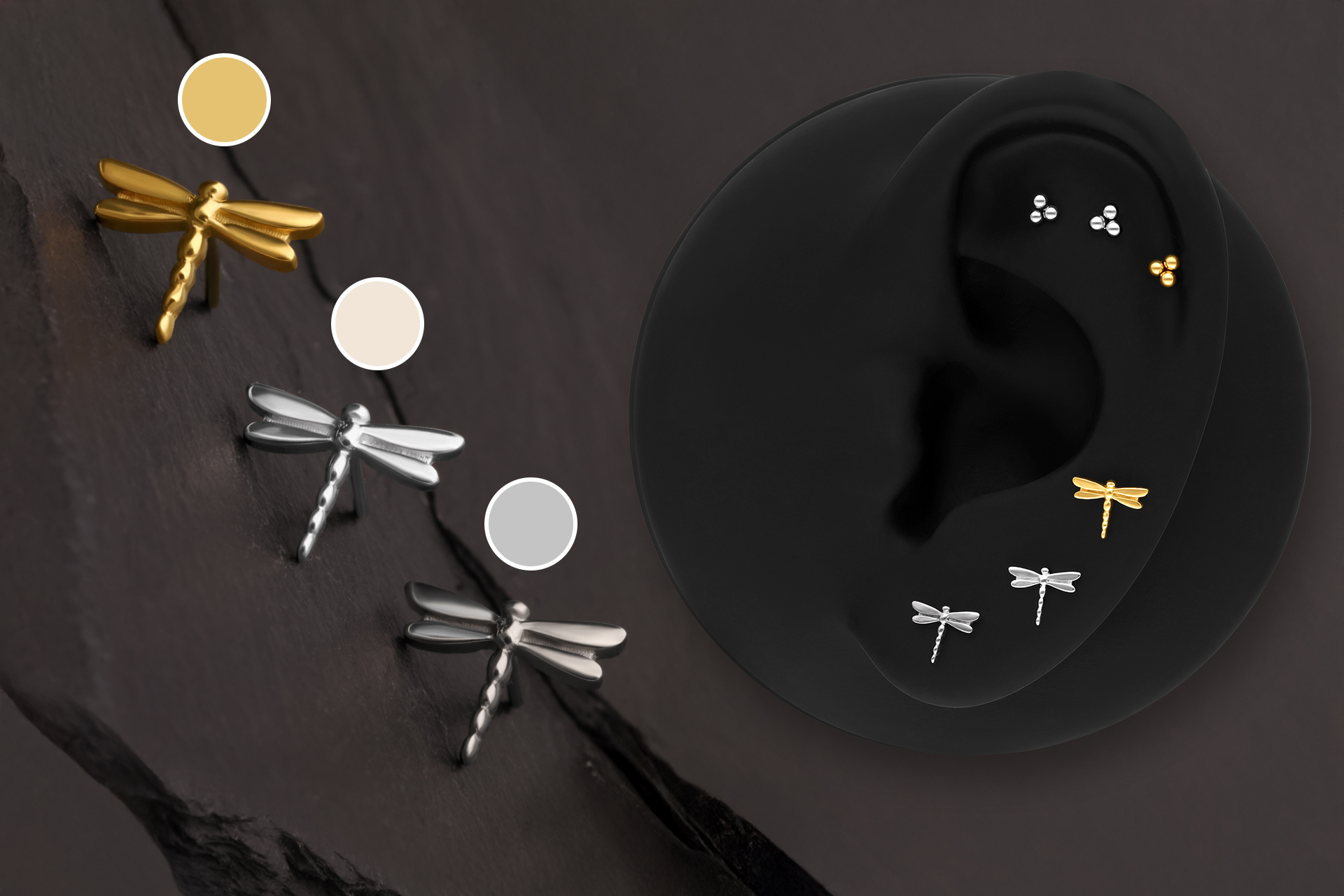 Ohrstecker in Gold und Silber, Libellenform, auf schwarzem Hintergrund