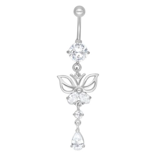 Silbernes Bauchnabelpiercing mit Schmetterling und klaren Kristallen auf weißem Hintergrund