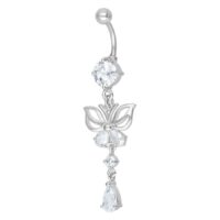 Bauchnabel Bananabell Schmetterling Silber Silbernes Bauchnabelpiercing mit Schmetterlingsmotiv und klaren Kristallen auf weißem Hintergrund