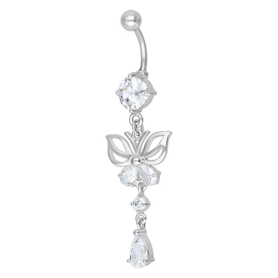 Bauchnabel Bananabell Schmetterling Silber Silbernes Bauchnabelpiercing mit Schmetterlingsmotiv und klaren Kristallen auf weißem Hintergrund