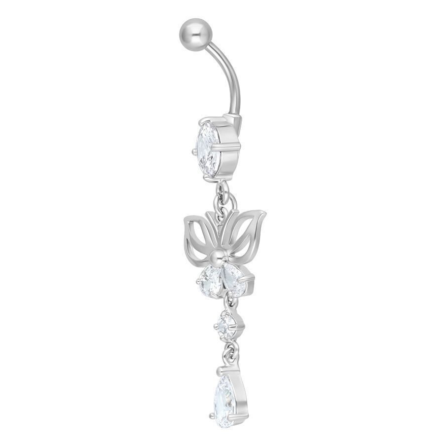 Silbernes Bauchnabelpiercing mit Schmetterlingsanhänger Silbernes Bananabell mit Schmetterlingsdesign und klaren Kristallen auf weißem Hintergrund