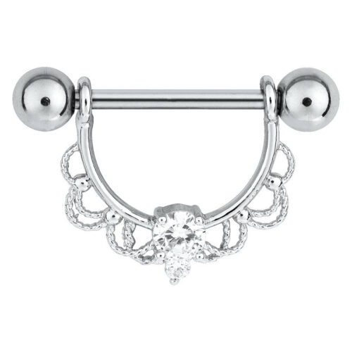 Silberner Nippel Barbell mit Kristall und dekorativem Design auf weißem Hintergrund