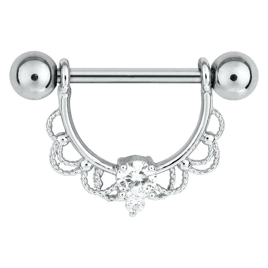 Silberner Nippel Barbell mit Kristall und dekorativem Design auf weißem Hintergrund