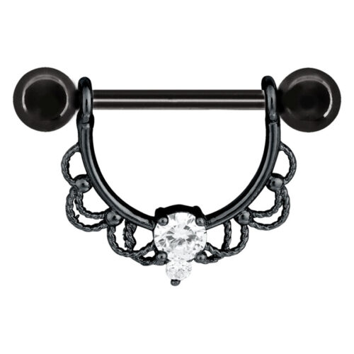 Schwarzer Nippel Barbell mit dekorativem Design und klarem Kristall