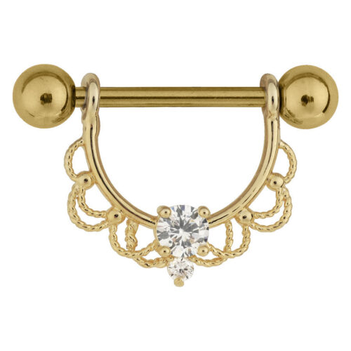 Goldener Nippel Barbell mit zwei klaren Kristallen und dekorativem Design auf weißem Hintergrund